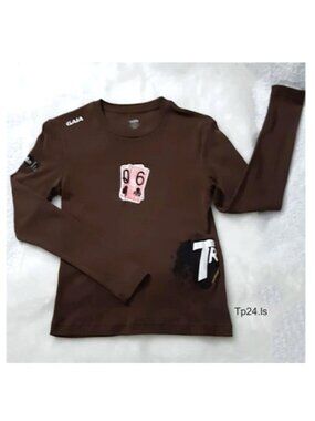 GALA Teens Women Tee Top 100% Cotton Brown Round Neck L-Sleeve White Pink Print